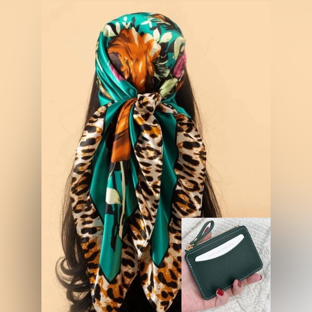 Leopard & Floral Print Scarf and Green Wallet Set